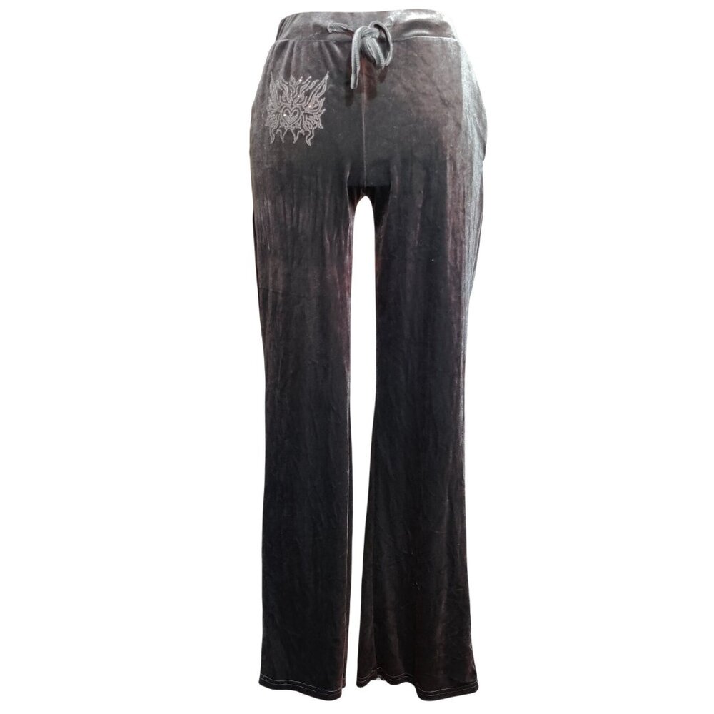 Shein M 6 Womens Gray Velour Flare Pants Drawstring Stretch Rhinestone Heart Y2K